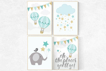 Mint gold nursery, oh the places you'll go, elephant nursery, Mint gold nursery baby shower, set of 4, cloud nursery wall art