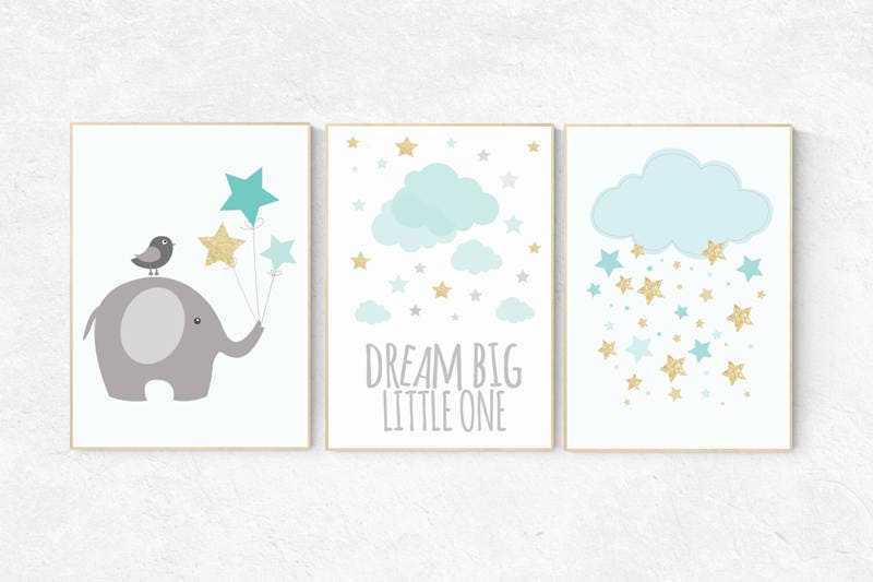 Nursery decor mint, elephant nursery, mint and gold nursery wall art, dream big little one, cloud nursery, nursery decor neutral, twins