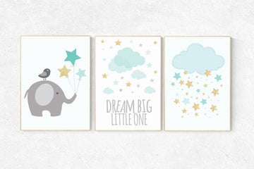 Nursery decor mint, elephant nursery, mint and gold nursery wall art, dream big little one, cloud nursery, nursery decor neutral, twins