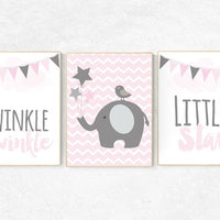 Pink and gray elephant nursery, Twinkle twinkle little star, elephant nursery, nursery decor girl, elephant nursery art, pink gray nursery