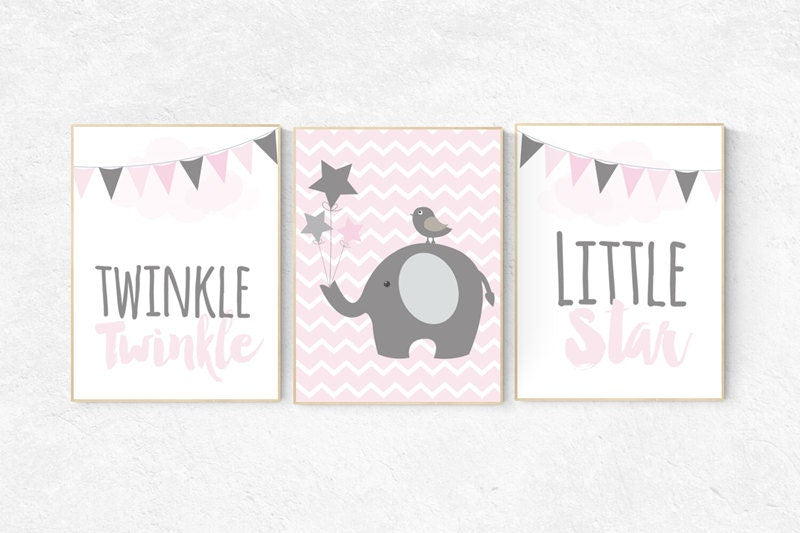 Pink and gray elephant nursery, Twinkle twinkle little star, elephant nursery, nursery decor girl, elephant nursery art, pink gray nursery