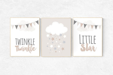 Gender neutral nursery, Twinkle twinkle little star, beige and cream, cloud Nursery, Nursery Decor, Gray Beige gender neutral baby shower