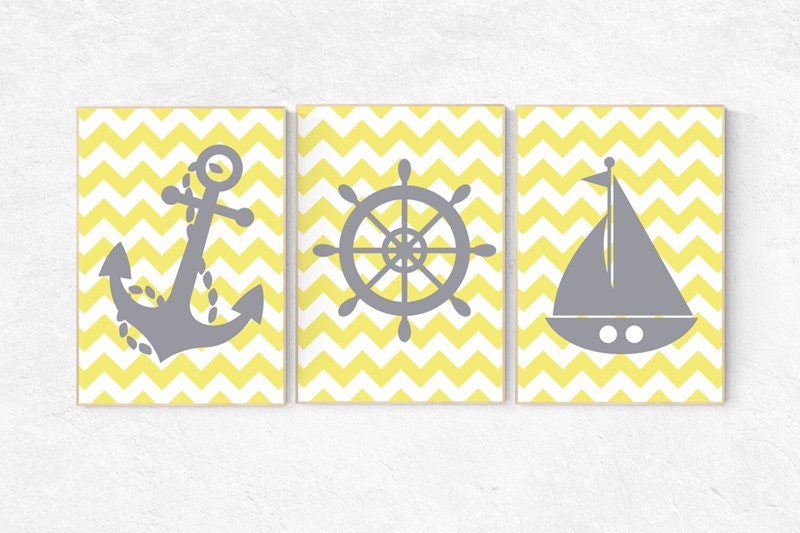 Yellow gray nursery, Nautical Nursery Art Print Set, Nautical Nursery Art, nautical kid art, playroom decor yellow gray baby boy nursery