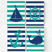 Baby Boy Nursery Wall Art, Nautical Nursery Print, Navy teal Nursery Decor whale nursery decor anchor Art Sailboat PrintWheel A rt Set of 4