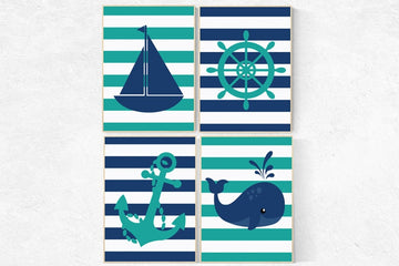 Baby Boy Nursery Wall Art, Nautical Nursery Print, Navy teal Nursery Decor whale nursery decor anchor Art Sailboat PrintWheel A rt Set of 4