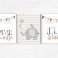 Twinkle twinkle little star, gender neutral nursery, beige and cream, elephant Nursery, Nursery Decor, Gray Beige gender neutral baby shower