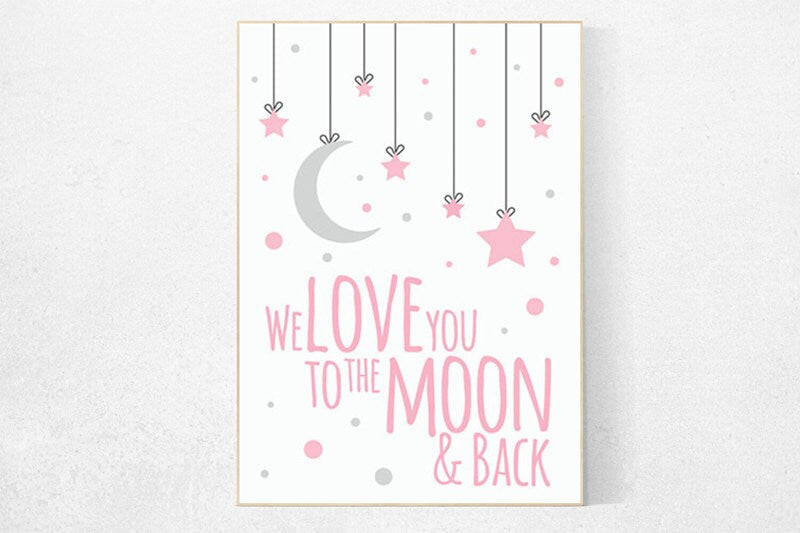 We love you to the moon and back, nursery decor, moon print, pink nursery, new baby gift, baby girl, nursery decor girl, girls nursery room
