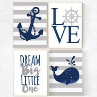 Nautical Nursery Wall Art, Navy Gray Nursery Decor, whale nursery decor, baby boy nursery, Striped Nursery, Anchor Art, Sailboat Print Wheel