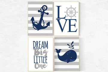 Nautical Nursery Wall Art, Navy Gray Nursery Decor, whale nursery decor, baby boy nursery, Striped Nursery, Anchor Art, Sailboat Print Wheel