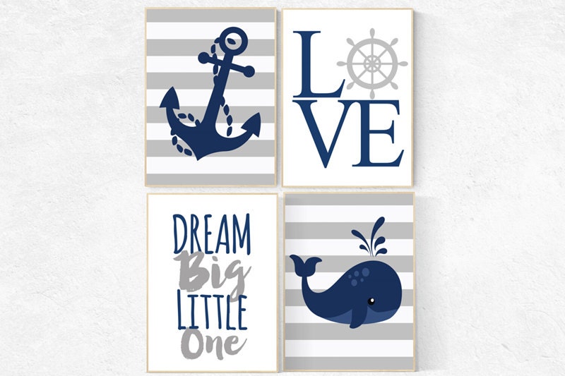 Nautical Nursery Wall Art, Navy Gray Nursery Decor, whale nursery decor, baby boy nursery, Striped Nursery, Anchor Art, Sailboat Print Wheel