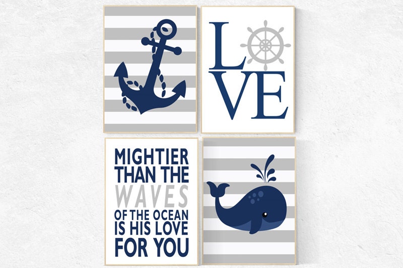 Nautical boy nursery, mightier than the waves, nautical baby room, Nautical Nursery Wall Art, Navy Gray Nursery Decor, whale nursery decor