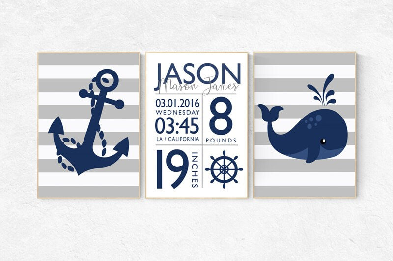 Nursery decor boy nautical, nursery decor boy navy, whale nursery art, nautical nursery, nursery decor boy name, navy and gray nursery, navy