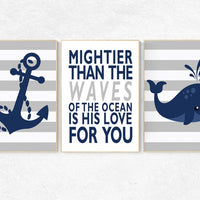 Nautical nursery prints, navy nursery decor, mightier than the waves of the sea, Nautical decor, whale nursery decor, set of 3, navy nursery