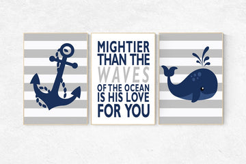 Nautical nursery prints, navy nursery decor, mightier than the waves of the sea, Nautical decor, whale nursery decor, set of 3, navy nursery