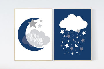 We love you to the moon and back, Navy nursery decor, Navy Gray, royal blue, baby boy nursery,  boys room, baby shower, navy nursery art