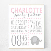 Girl birth announcement nursery decor, elephant nursery, pink nursery decor, baby birth print, pink nursery, baby stats, new baby gift ideas