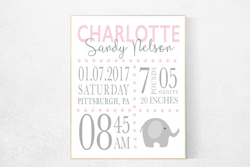 Girl birth announcement nursery decor, elephant nursery, pink nursery decor, baby birth print, pink nursery, baby stats, new baby gift ideas