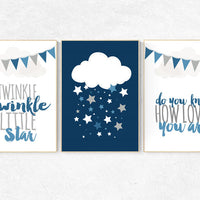 Twinkle Twinkle Little Star, cloud nursery art, Baby boy nursery decor, navy gray nursery, boys room wall art, baby room prints, set of 3