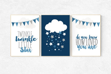 Twinkle Twinkle Little Star, cloud nursery art, Baby boy nursery decor, navy gray nursery, boys room wall art, baby room prints, set of 3