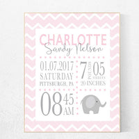 Girl birth announcement nursery decor, elephant nursery, pink nursery decor, baby birth print, pink nursery, baby stats, new baby gift ideas