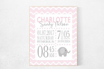 Girl birth announcement nursery decor, elephant nursery, pink nursery decor, baby birth print, pink nursery, baby stats, new baby gift ideas