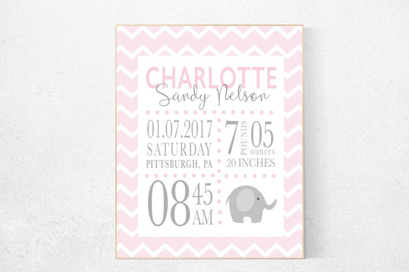 Girl birth announcement nursery decor, elephant nursery, pink nursery decor, baby birth print, pink nursery, baby stats, new baby gift ideas