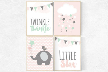 Twinkle Twinkle Little Star, Baby girl nursery decor, coral mint nursery decor, cloud nursery girls room wall art pink nursery coral nursery