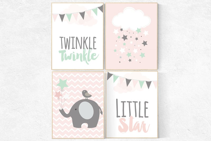 Twinkle Twinkle Little Star, Baby girl nursery decor, coral mint nursery decor, cloud nursery girls room wall art pink nursery coral nursery