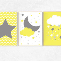 Yellow nursery decor, cloud nursery, yellow gray nursery, star nursery, nursery wall art, baby room decor, playroom kids room gender neutral