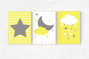 Yellow nursery decor, cloud nursery, yellow gray nursery, star nursery, nursery wall art, baby room decor, playroom kids room gender neutral