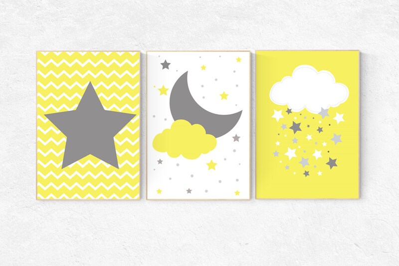 Yellow nursery decor, cloud nursery, yellow gray nursery, star nursery, nursery wall art, baby room decor, playroom kids room gender neutral