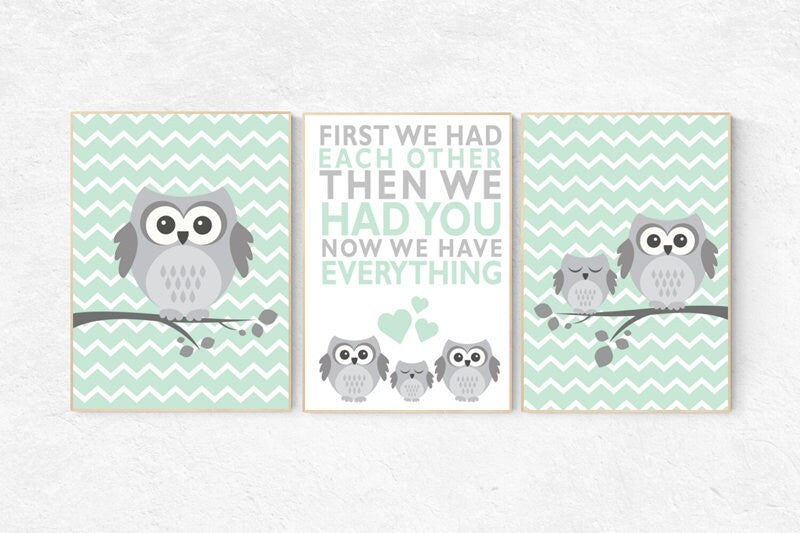 Nursery wall art girl mint, gender neutral nursery decor, owl nursery art, mint nursery, mint green, baby room wall art, owls decor, prints