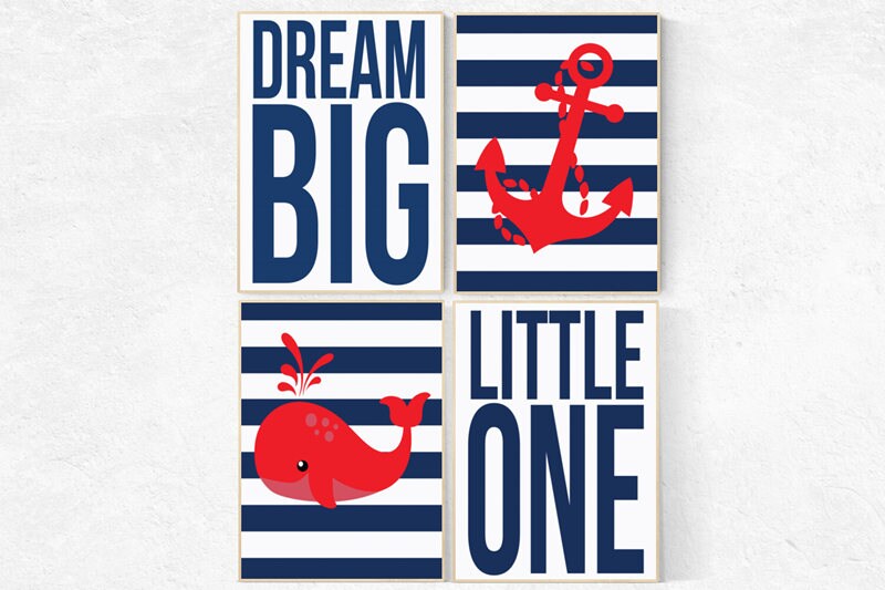 Nursery decor boy nautical, dream big little one, boys room decor, whale nursery, nautical nursery art, nautical nursery prints navy and red