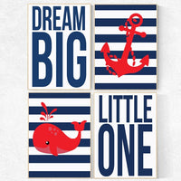 Nursery decor boy nautical, dream big little one, boys room decor, whale nursery, nautical nursery art, nautical nursery prints navy and red