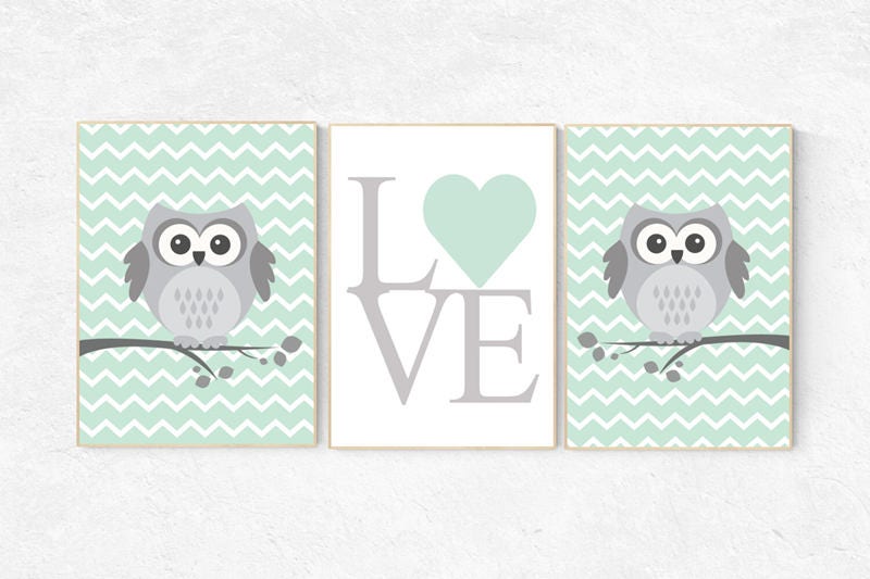 Gender neutral nursery decor, mint nursery decor, owl nursery wall art, mint gray, owl room decor, owl nursery owl nursery wall art new baby