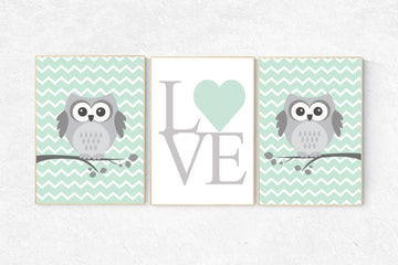 Gender neutral nursery decor, mint nursery decor, owl nursery wall art, mint gray, owl room decor, owl nursery owl nursery wall art new baby