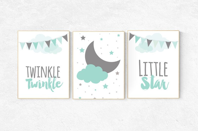 Twinkle Twinkle Little Star, Mint nursery decor, cloud nursery, gender neutral baby, Baby Boy Nursery Wall Art, mint gray, mint gray nursery