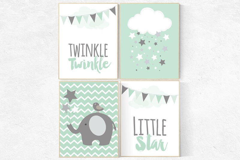 Twinkle Twinkle Little Star, Mint nursery decor, elephant nursery, cloud nursery, gender neutral baby,