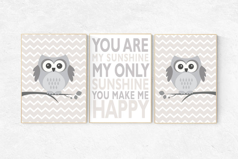 You are my sunshine wall art, Owl nursery wall art, gender neutral nursery, beige and cream, Nursery Decor, Gray Beige, nursery prints, owl