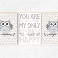 You are my sunshine wall art, Owl nursery wall art, gender neutral nursery, beige and cream, Nursery Decor, Gray Beige, nursery prints, owl