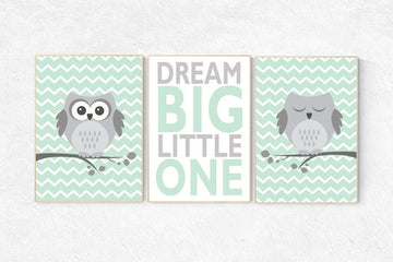 Mint nursery decor, dream big little one, Owl nursery wall art, baby room decor, mint gray, gender neutral nursery decor, owl nursery decor
