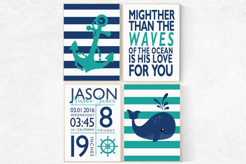 Nautical Nursery Decor, Nautical boy nursery, birth stats, mightier than the waves, Nautical Nursery Wall Art teal navy nursery decor whale