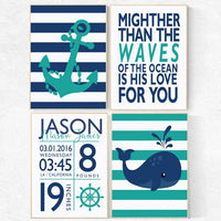 Nautical Nursery Decor, Nautical boy nursery, birth stats, mightier than the waves, Nautical Nursery Wall Art teal navy nursery decor whale