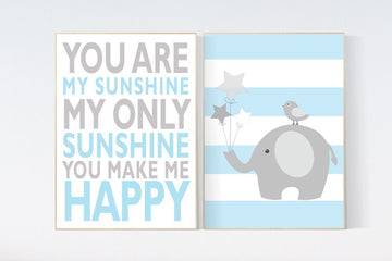 Blue nursery decor, you are my sunshine nursery, elephant nursery, baby boy nursery, blue gray nursery, nursery wall art,  nursery room boy