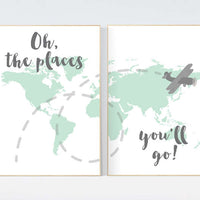 Mint nursery decor, Oh the places you'll go, World Map wall art, world map nursery, world map wall art, gender neutral nursery decor, mint