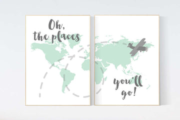 Mint nursery decor, Oh the places you'll go, World Map wall art, world map nursery, world map wall art, gender neutral nursery decor, mint