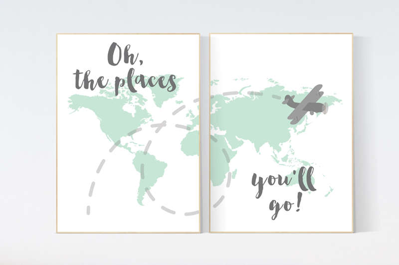 Mint nursery decor, Oh the places you'll go, World Map wall art, world map nursery, world map wall art, gender neutral nursery decor, mint