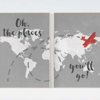 Oh the places you'll go, gray nursery decor, travel nursery decor, World Map wall art, world map nursery, navy gray nursery, grey nursery