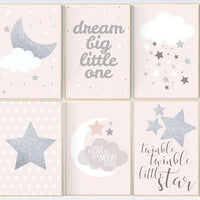 Pink nursery art, dream big little one, twinkle twinkle little star, nursery decor, pale pink, moon nursery, baby girl nursery wall art