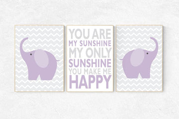 Purple grey nursery decor, You are my sunshine my only sunshine, Baby girl nursery decor, lilac nursery decor, elephant nursery, lavender